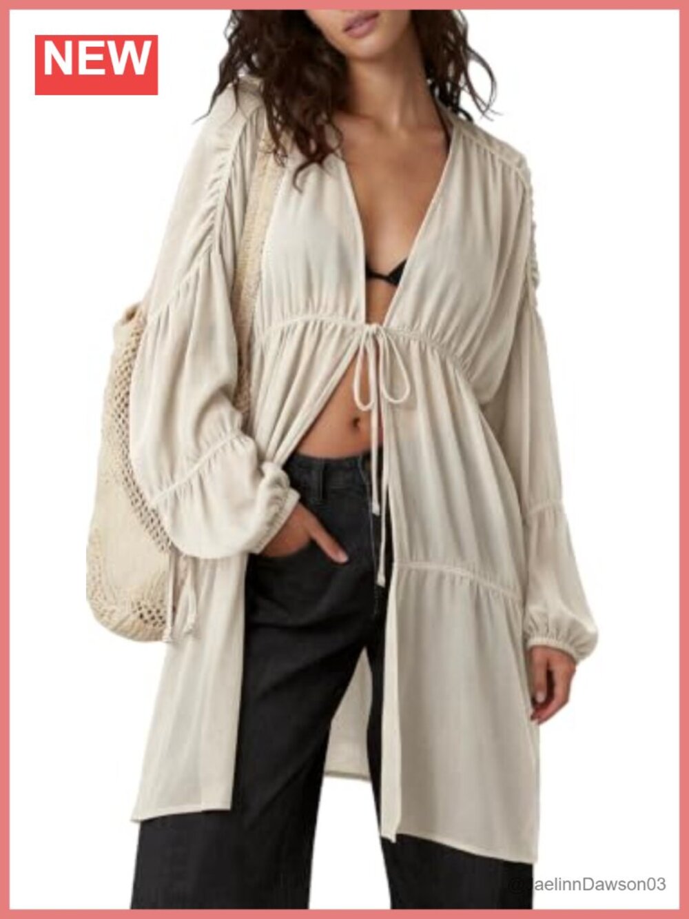 Womens Slouchy Linen Kimono Duster Tie Front Pockets